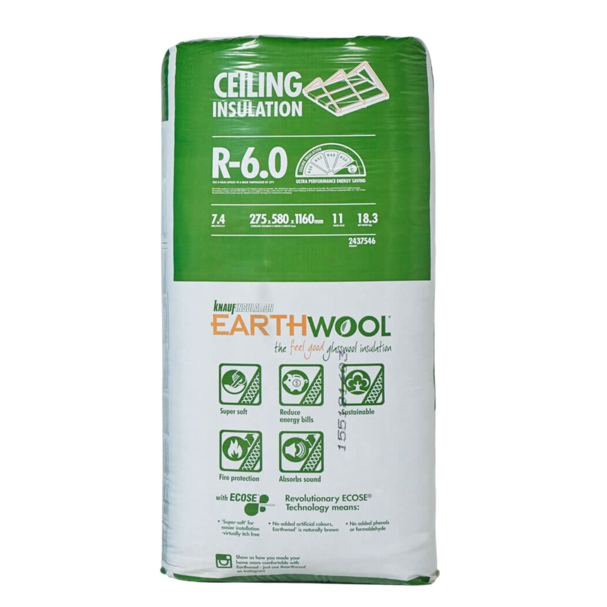 Knauf Earthwool R6.0 Ceiling Batts 275mm x 580mm x 1160mm 7.4m2 (2437546)